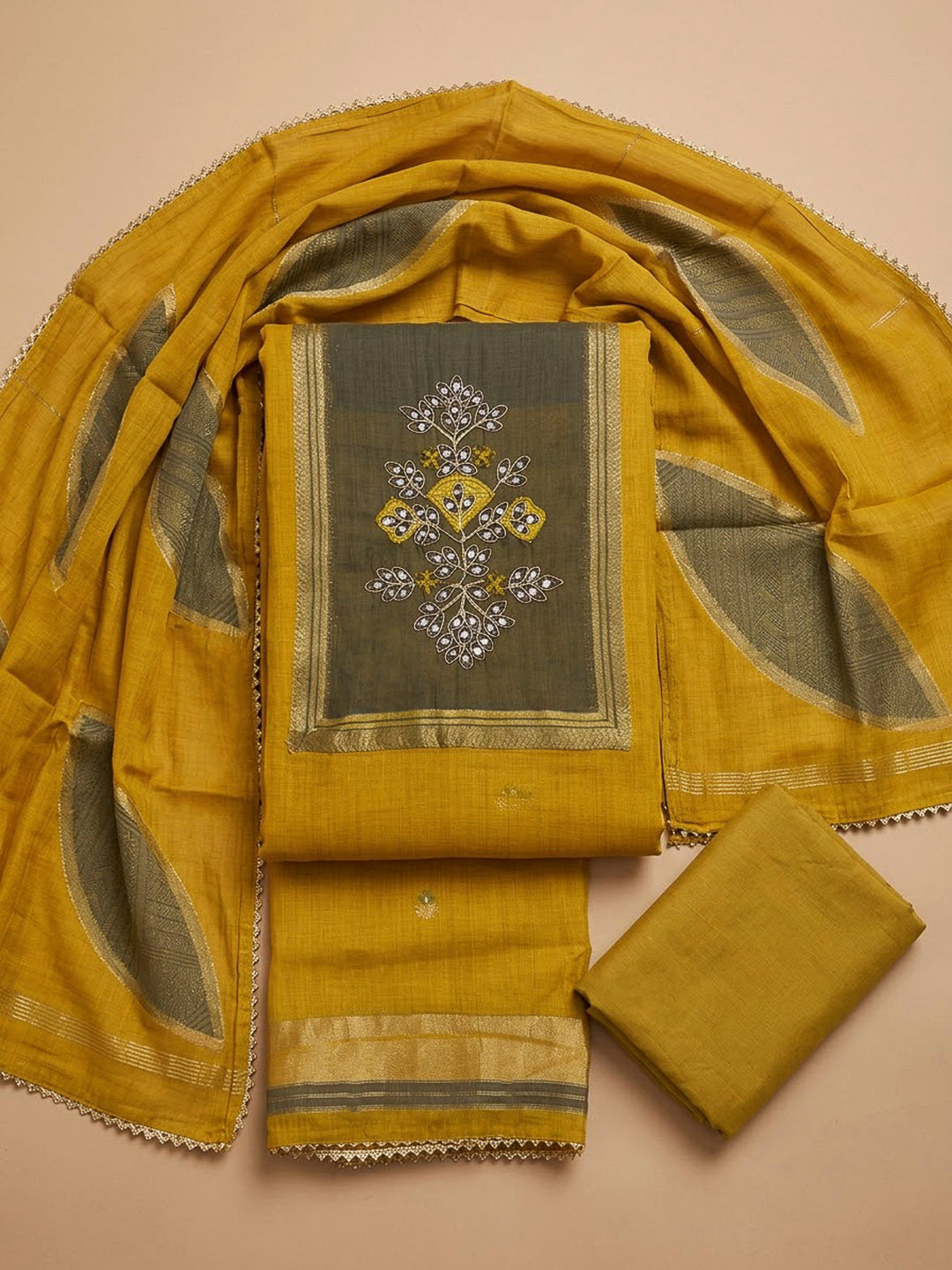 Mustard Tussar Embroidered Unstitched Dress Material