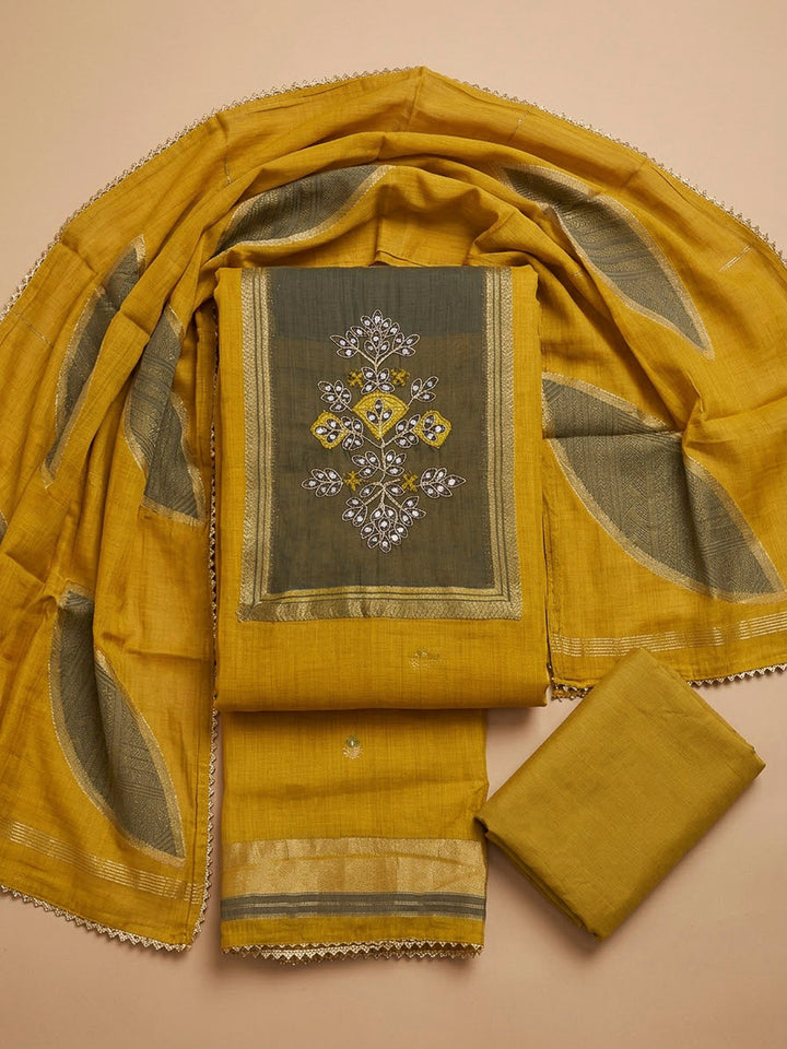 Mustard Tussar Embroidered Unstitched Dress Material