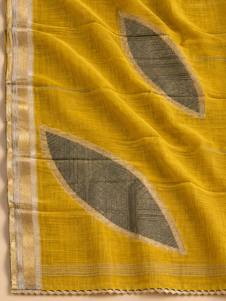 Mustard Tussar Embroidered Unstitched Dress Material