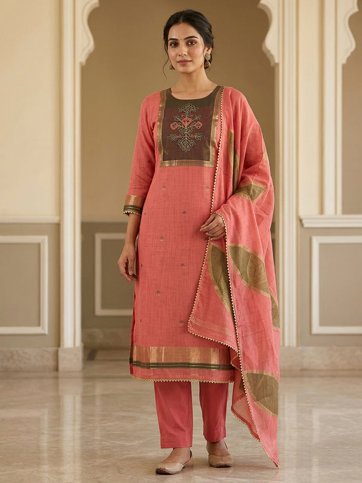 Onion Pink Tussar Embroidered Unstitched Dress Material