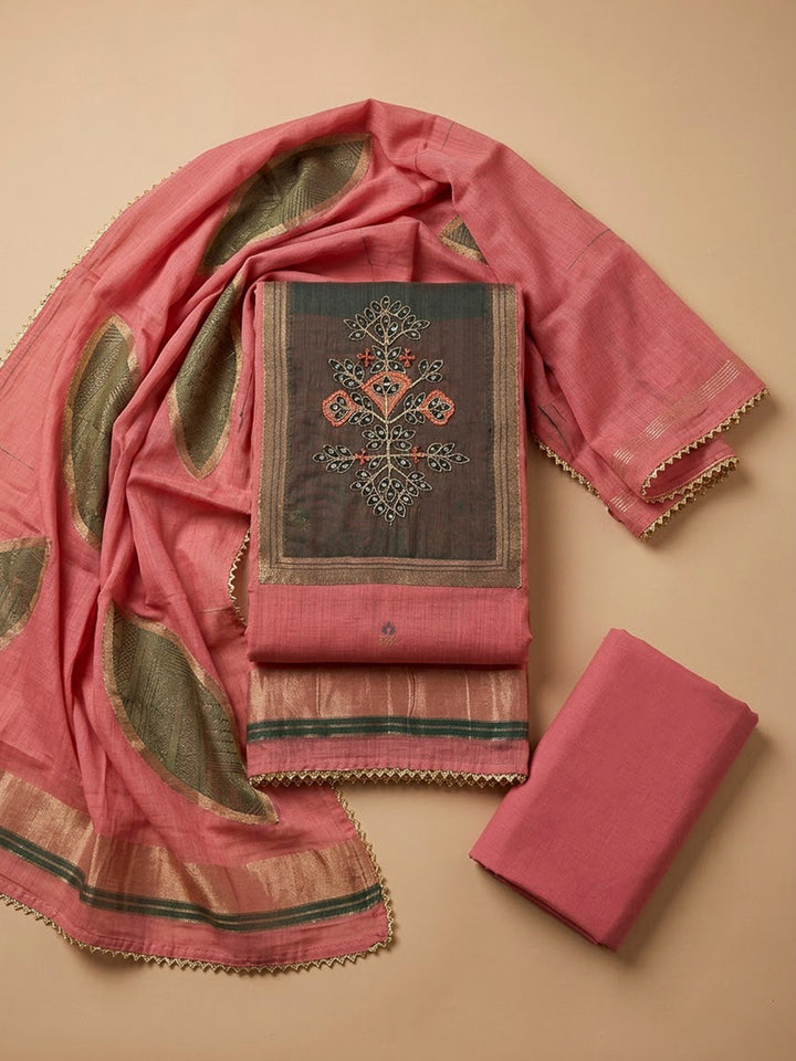 Onion Pink Tussar Embroidered Unstitched Dress Material