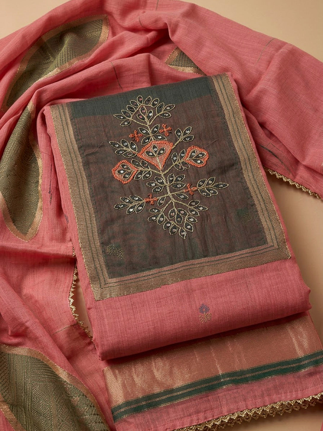 Onion Pink Tussar Embroidered Unstitched Dress Material