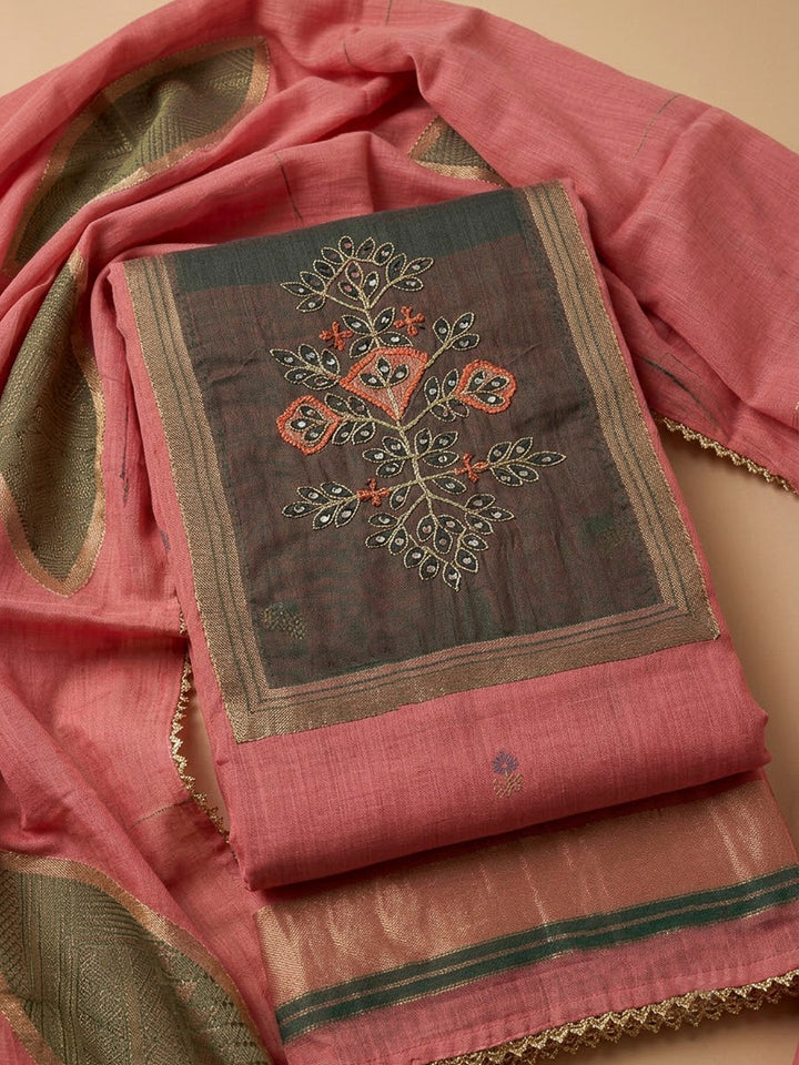 Onion Pink Tussar Embroidered Unstitched Dress Material