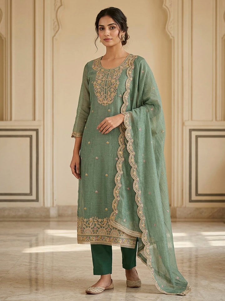 Aqua Green Organza Embroidered Unstitched Dress Material