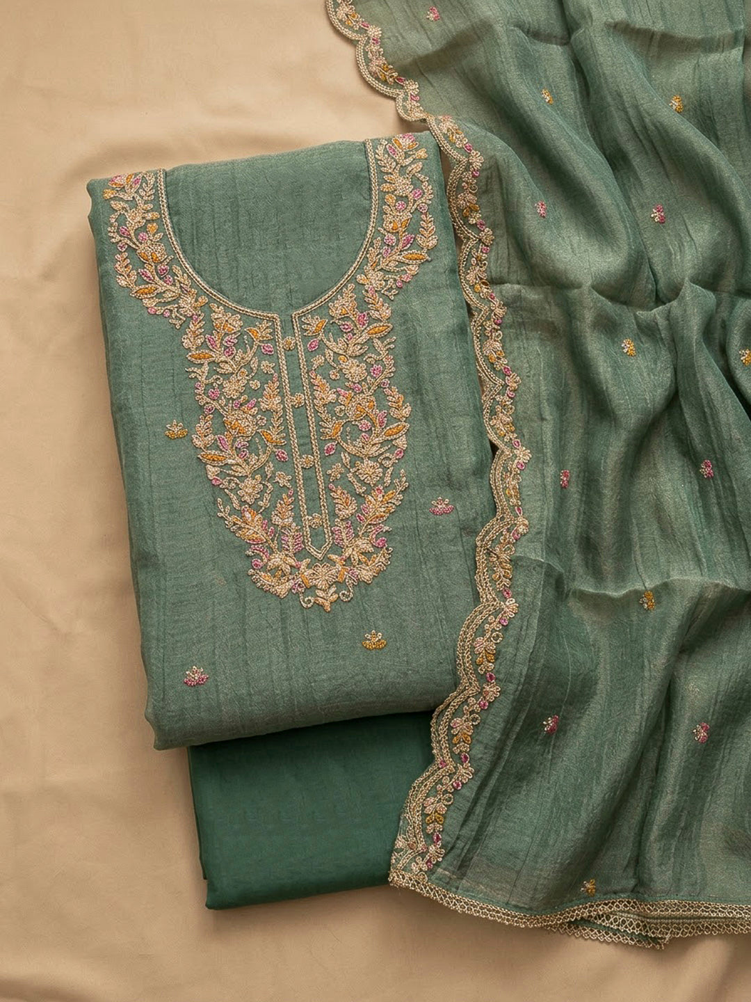 Aqua Green Organza Embroidered Unstitched Dress Material