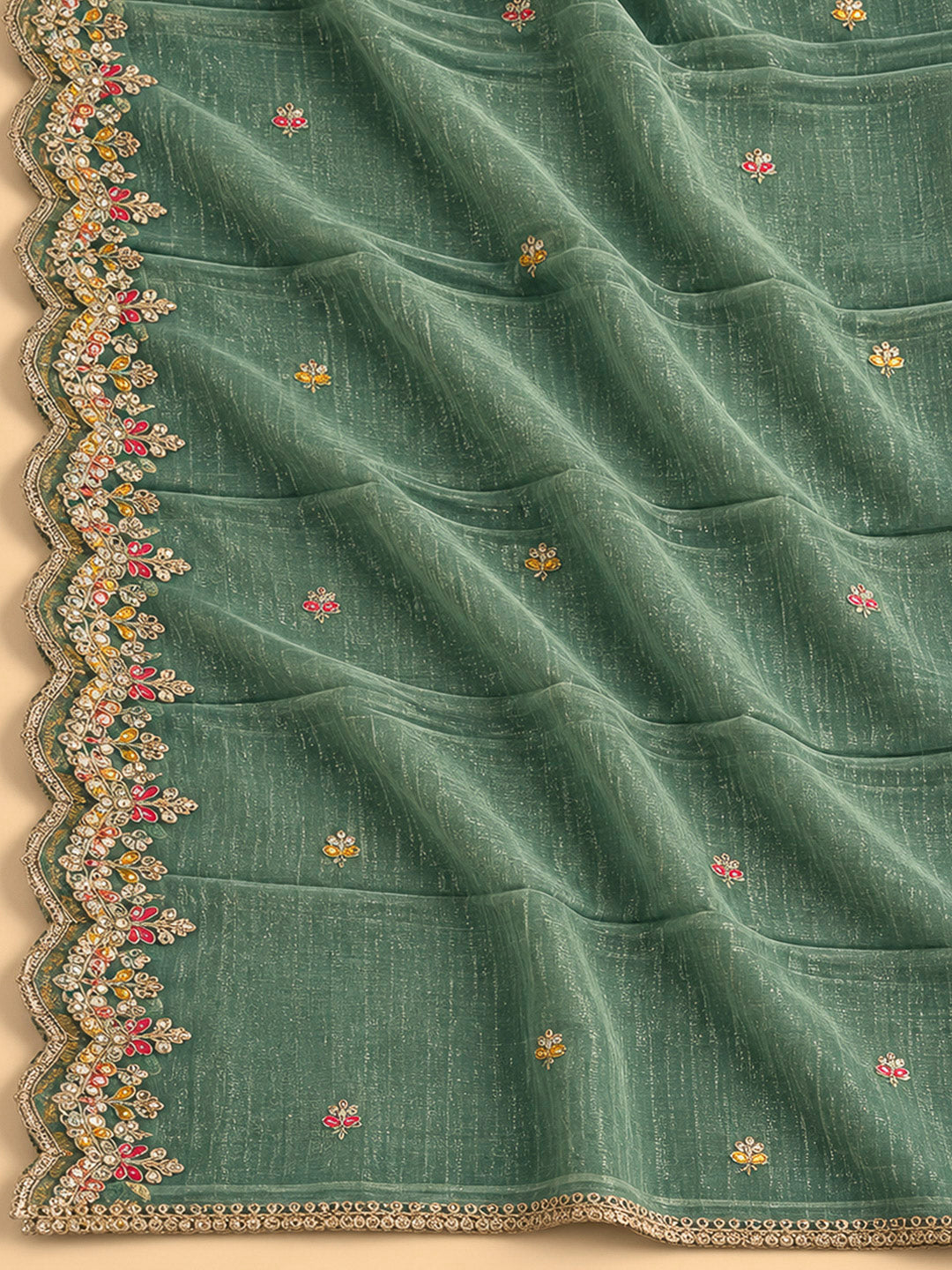 Aqua Green Organza Embroidered Unstitched Dress Material