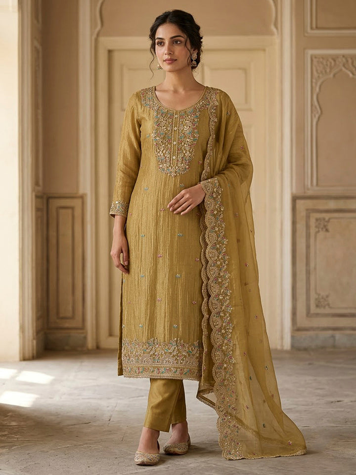 Mustard Organza Embroidered Unstitched Dress Material