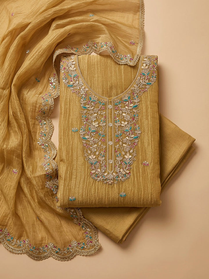Mustard Organza Embroidered Unstitched Dress Material