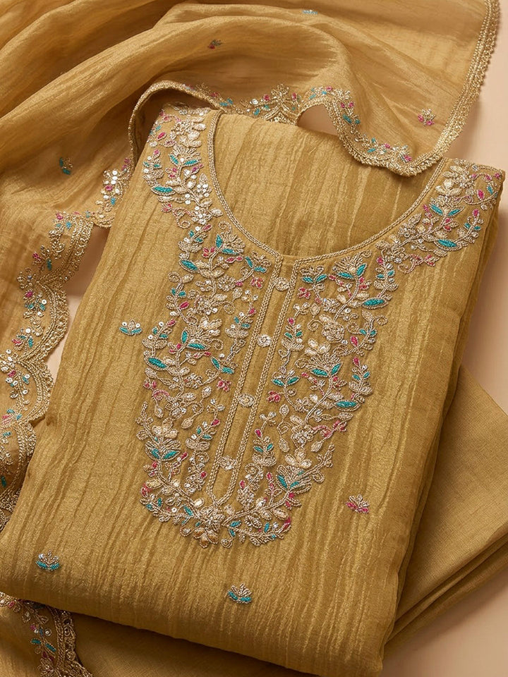Mustard Organza Embroidered Unstitched Dress Material