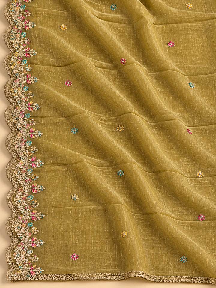 Mustard Organza Embroidered Unstitched Dress Material
