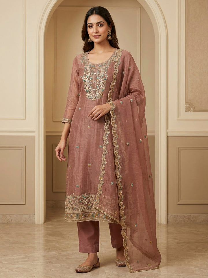 Peach Organza Embroidered Unstitched Dress Material