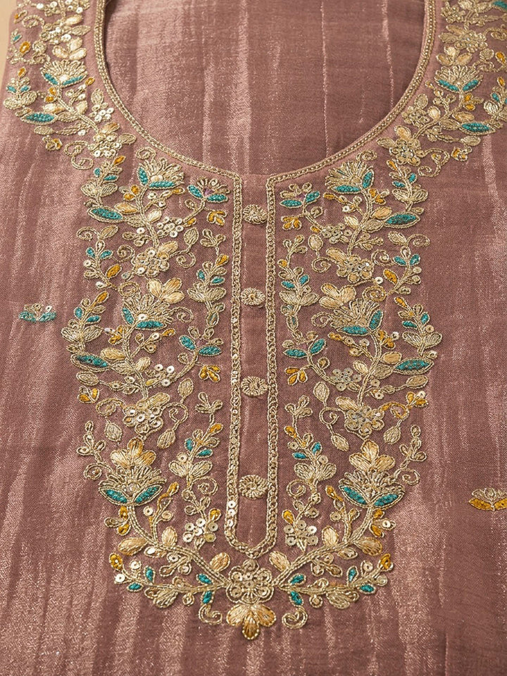 Peach Organza Embroidered Unstitched Dress Material