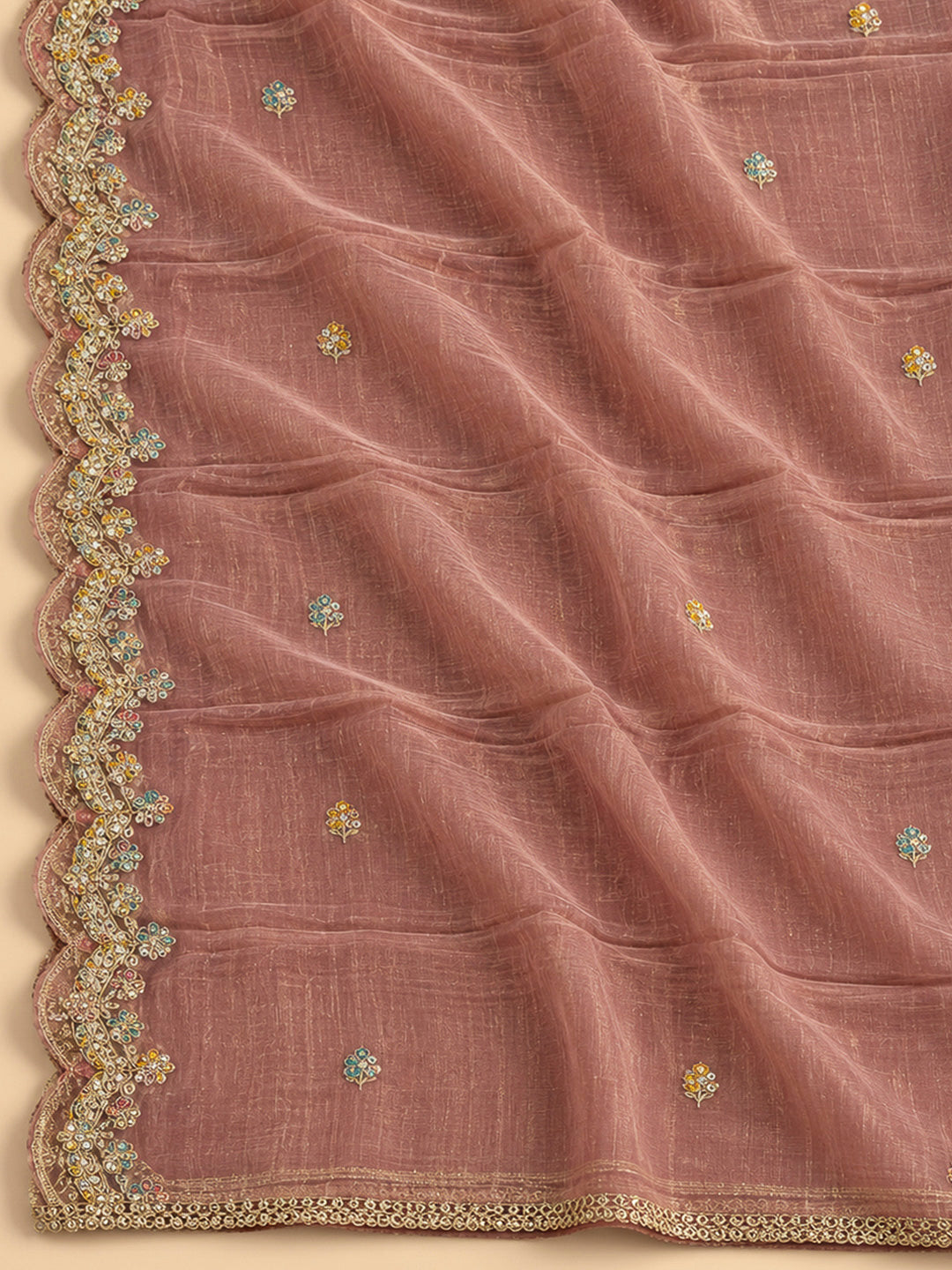 Peach Organza Embroidered Unstitched Dress Material