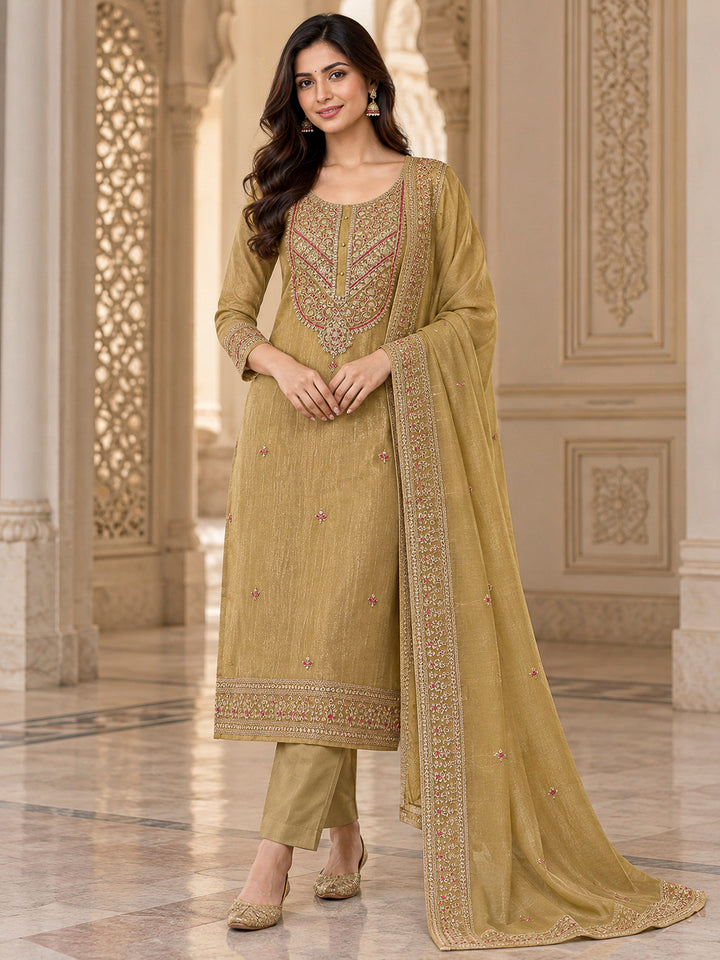 Mustard Organza Embroidered Unstitched Dress Material
