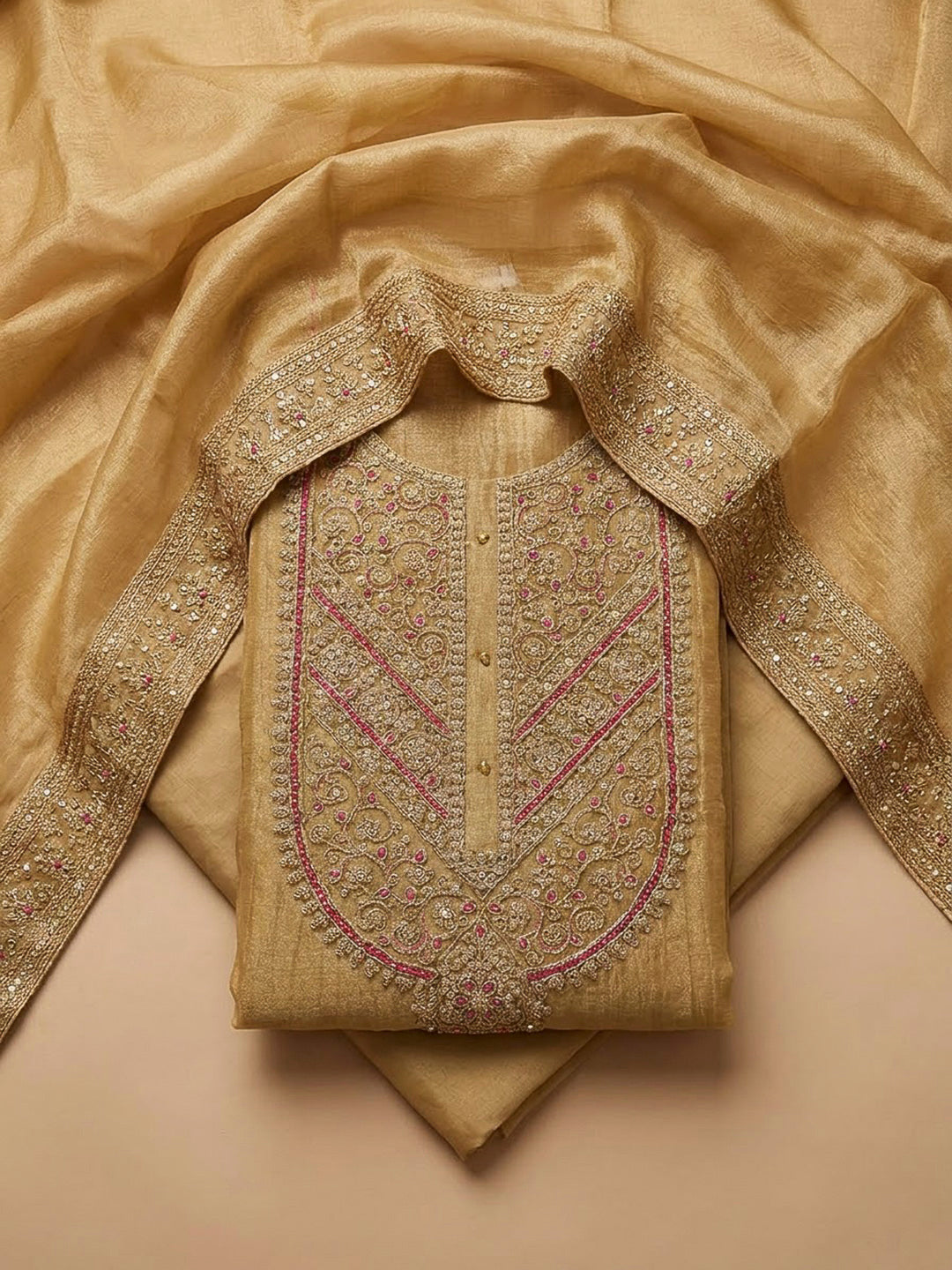 Mustard Organza Embroidered Unstitched Dress Material