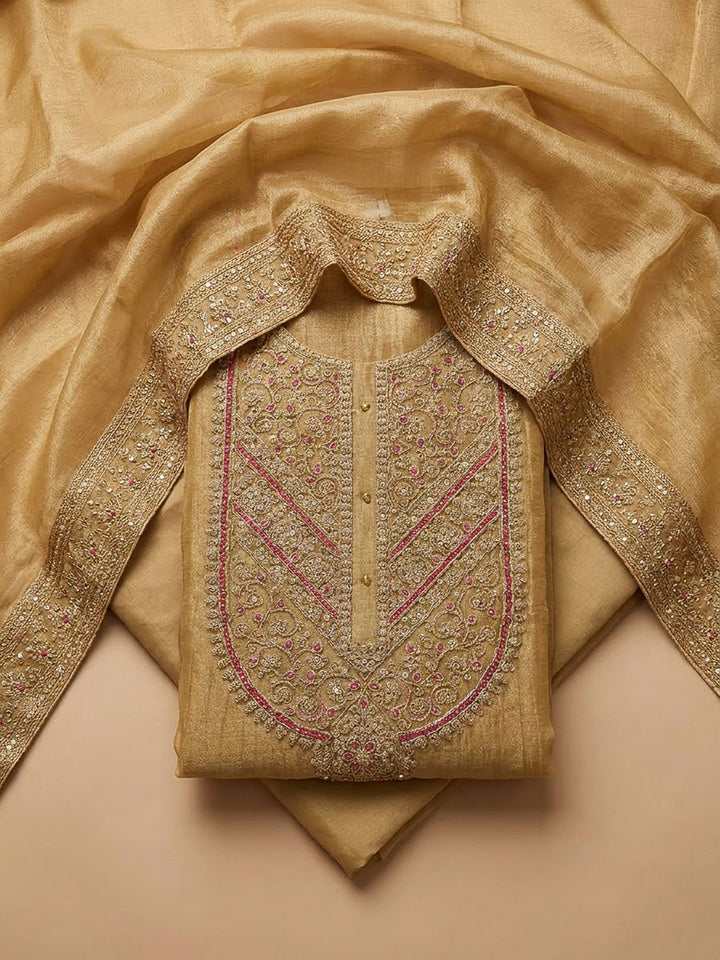 Mustard Organza Embroidered Unstitched Dress Material
