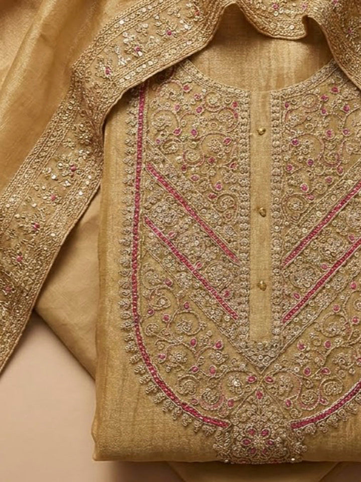 Mustard Organza Embroidered Unstitched Dress Material