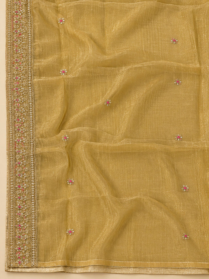 Mustard Organza Embroidered Unstitched Dress Material