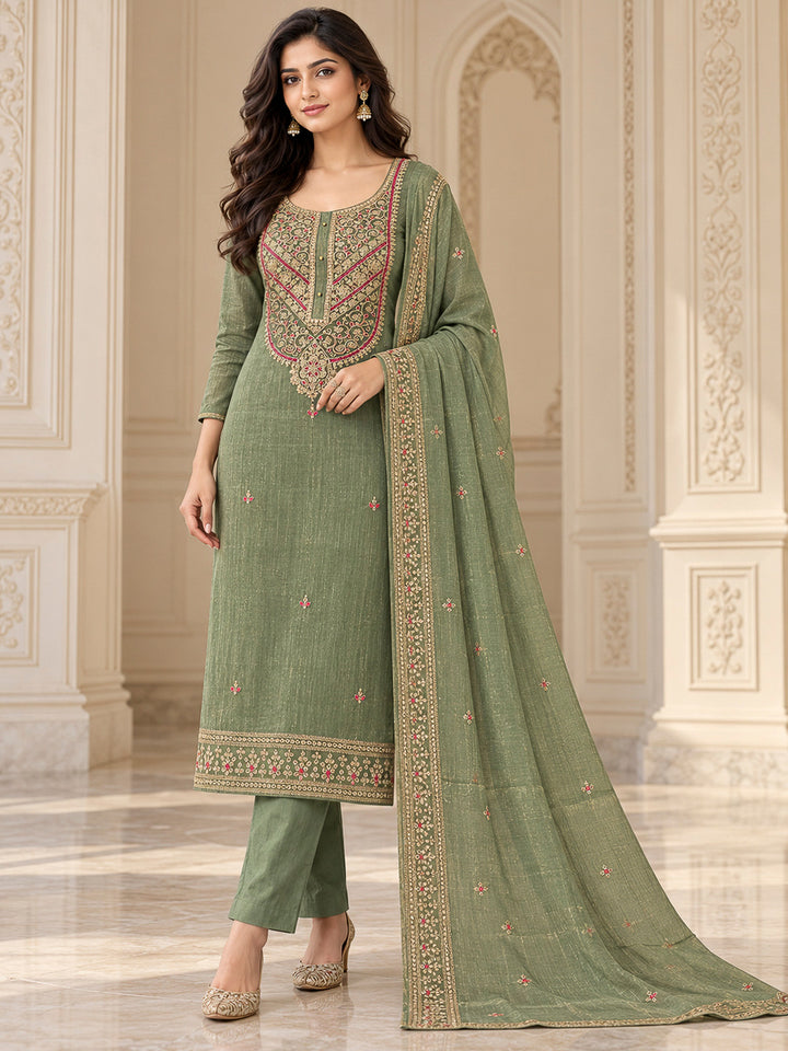 Pista Green Organza Embroidered Unstitched Dress Material