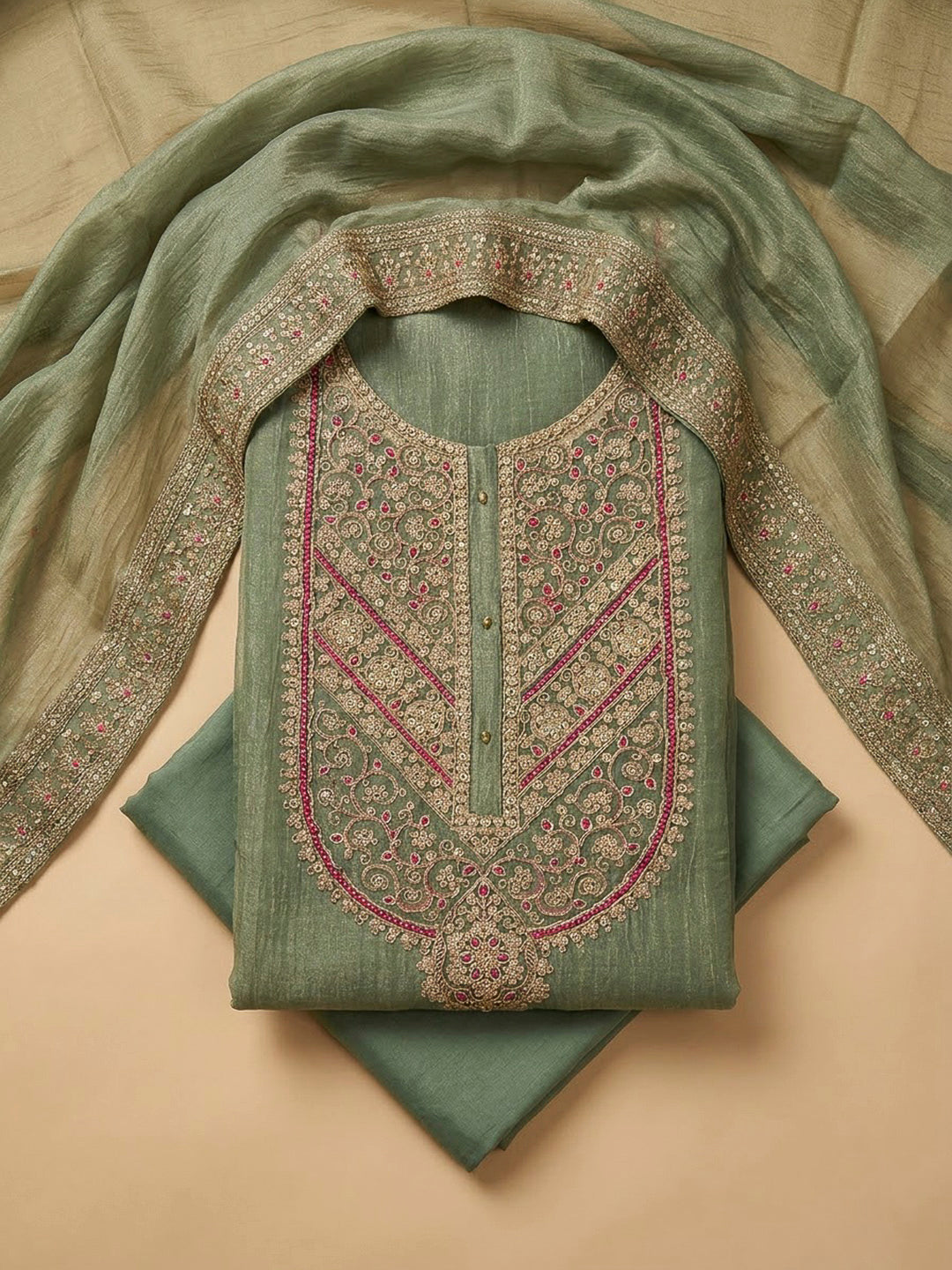 Pista Green Organza Embroidered Unstitched Dress Material