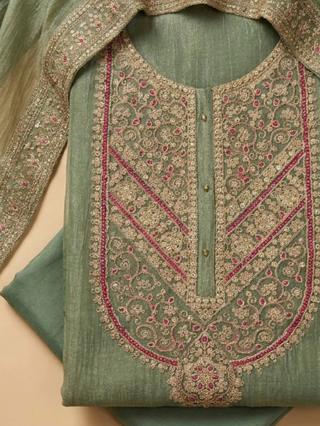 Pista Green Organza Embroidered Unstitched Dress Material