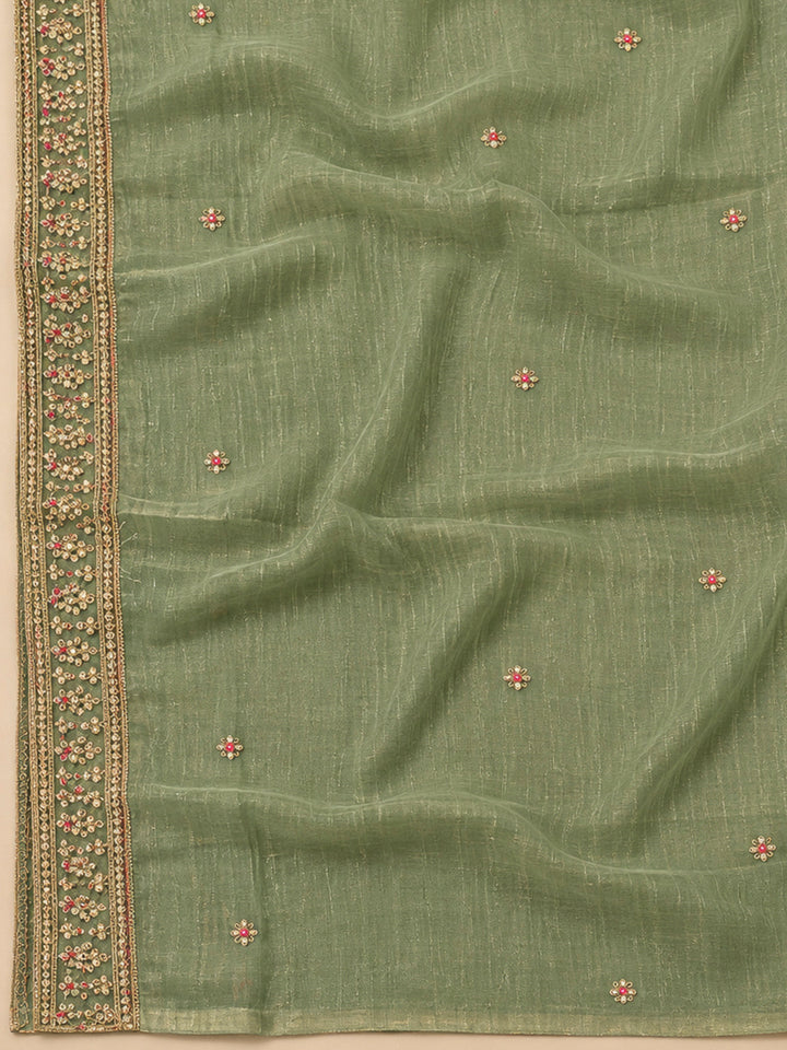 Pista Green Organza Embroidered Unstitched Dress Material