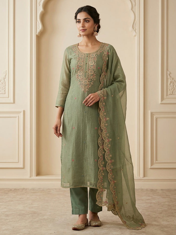 Mehndi Organza Embroidered Unstitched Dress Material