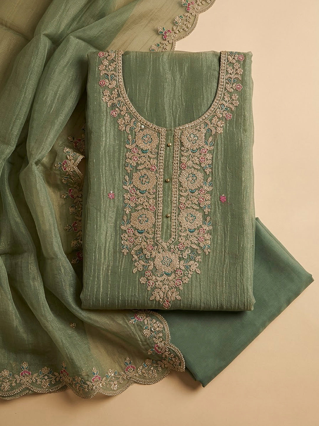 Mehndi Organza Embroidered Unstitched Dress Material