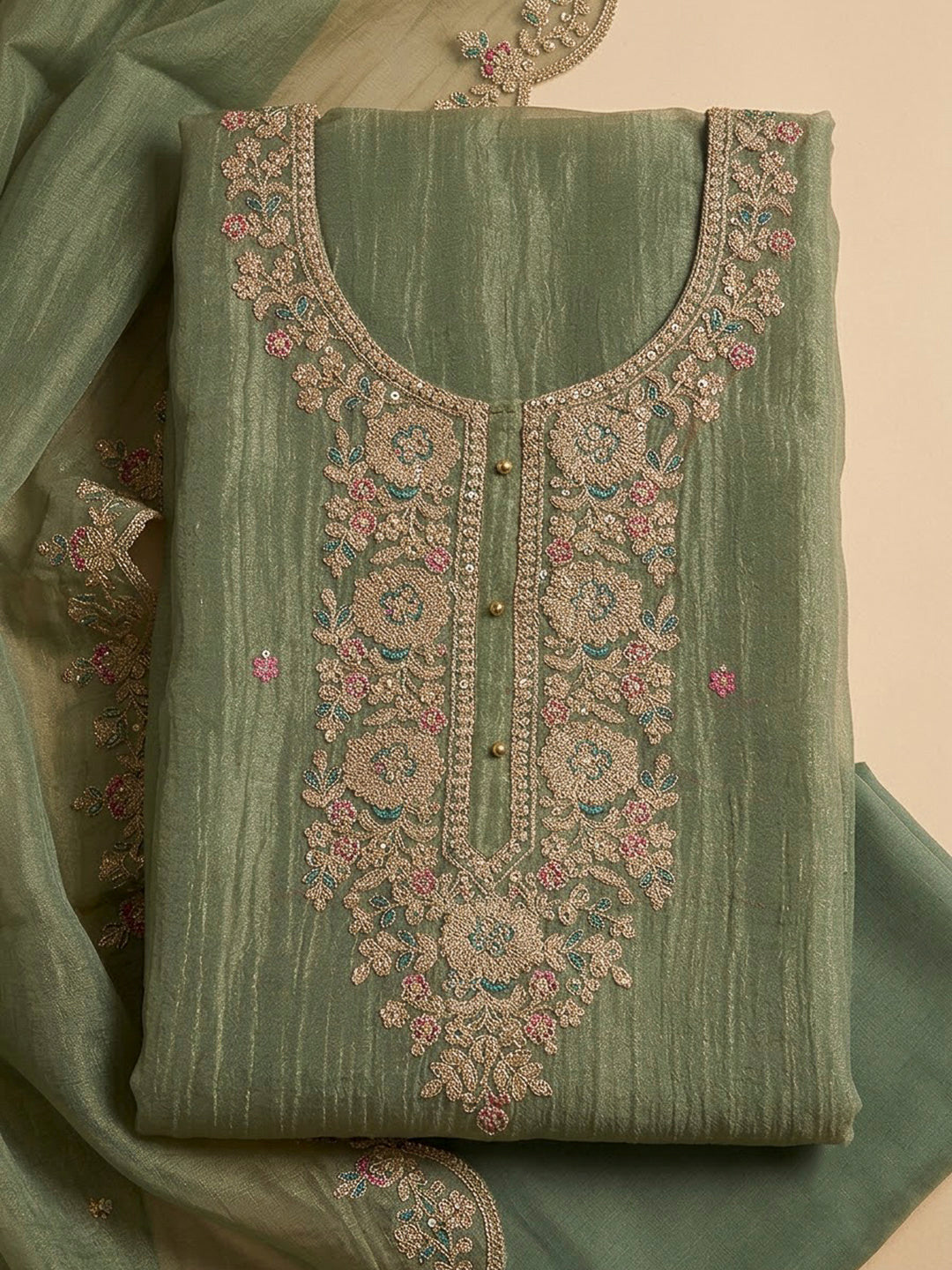 Mehndi Organza Embroidered Unstitched Dress Material