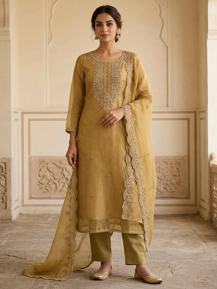 Mustard Organza Embroidered Unstitched Dress Material