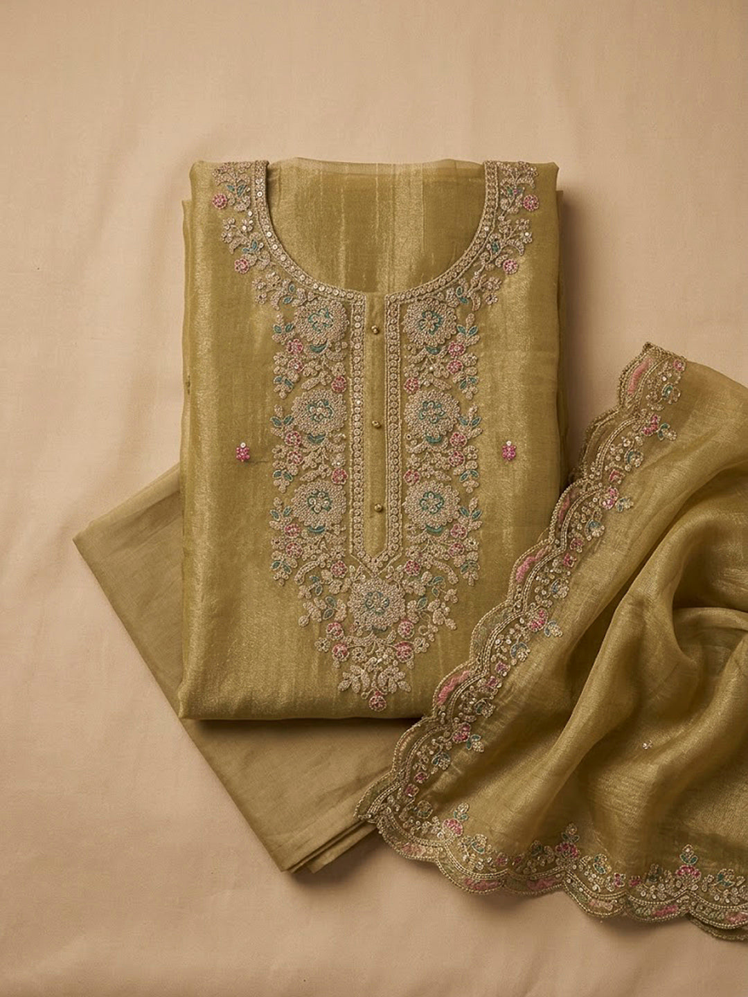 Mustard Organza Embroidered Unstitched Dress Material