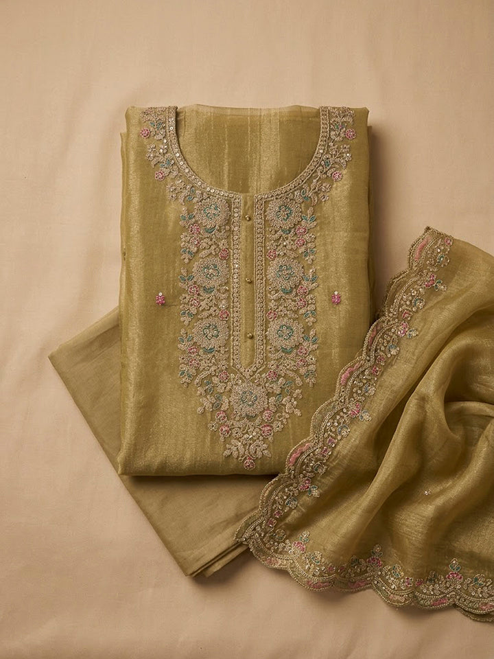 Mustard Organza Embroidered Unstitched Dress Material
