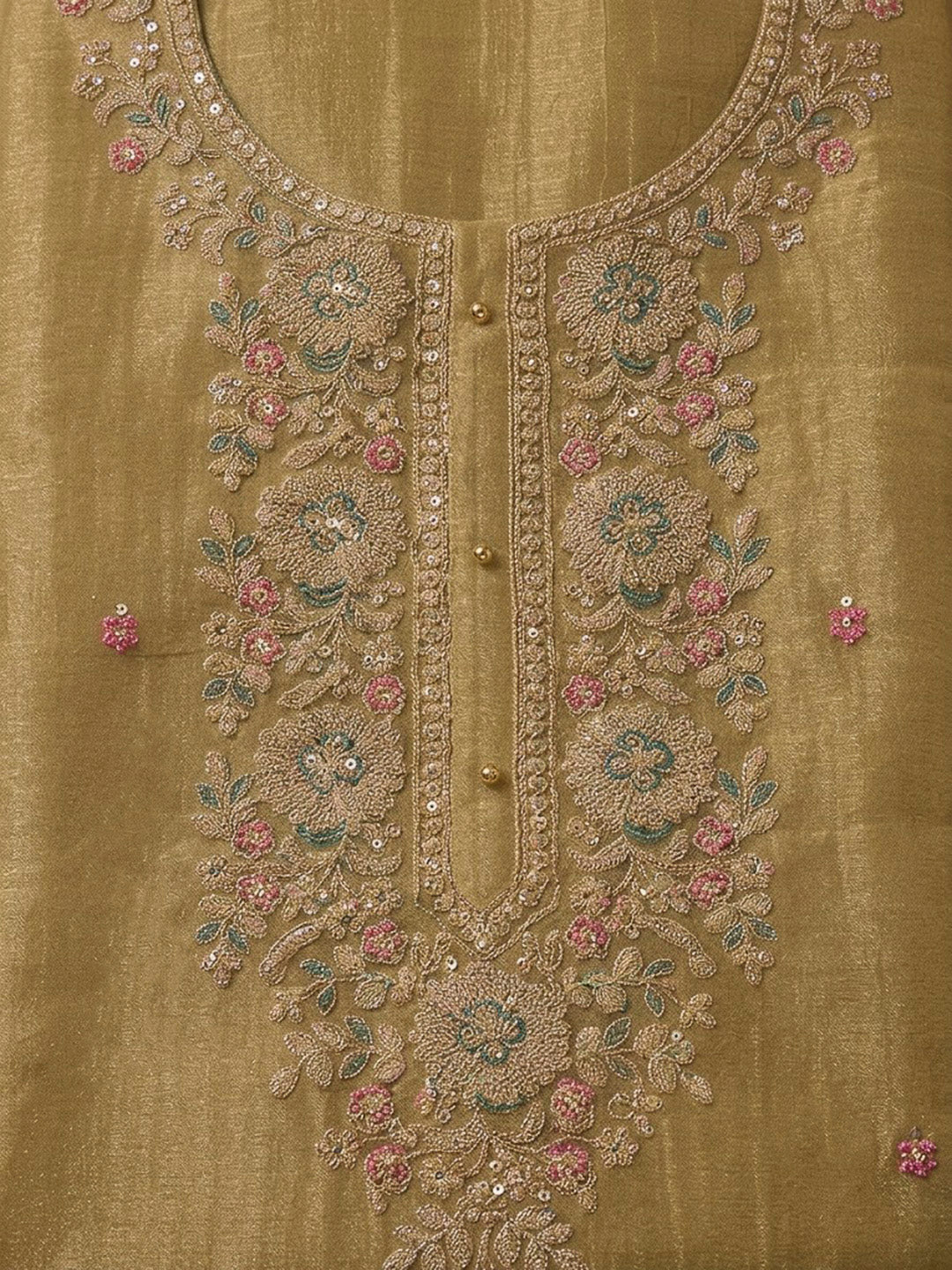 Mustard Organza Embroidered Unstitched Dress Material
