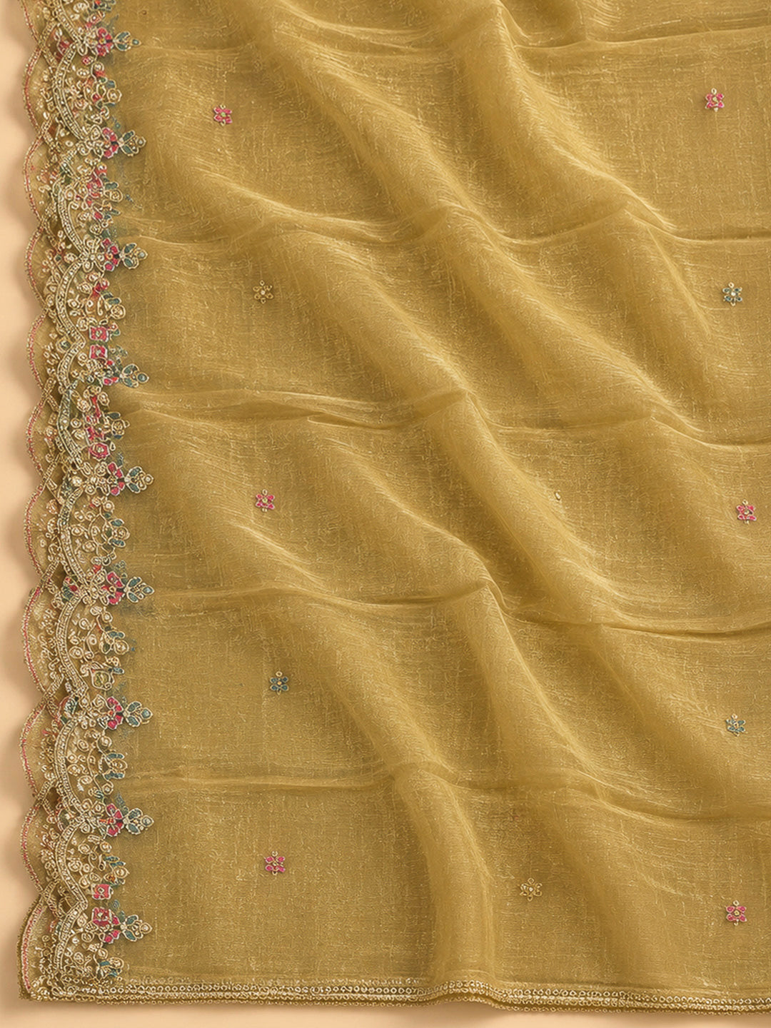 Mustard Organza Embroidered Unstitched Dress Material