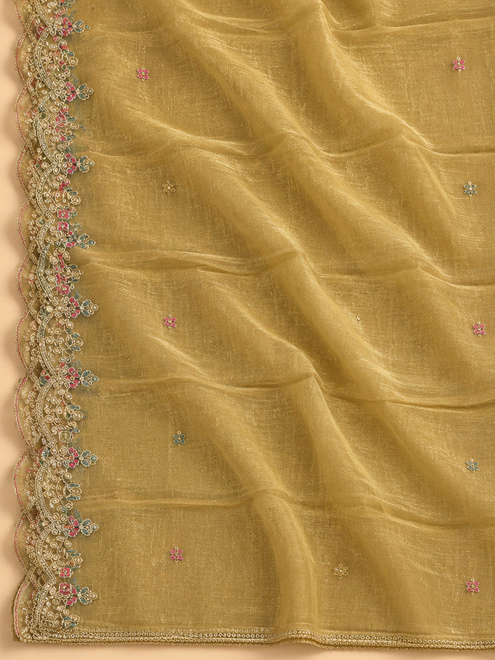 Mustard Organza Embroidered Unstitched Dress Material