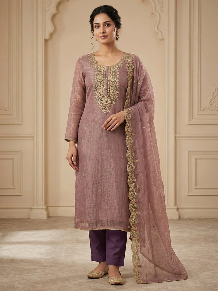 Purple Organza Embroidered Unstitched Dress Material