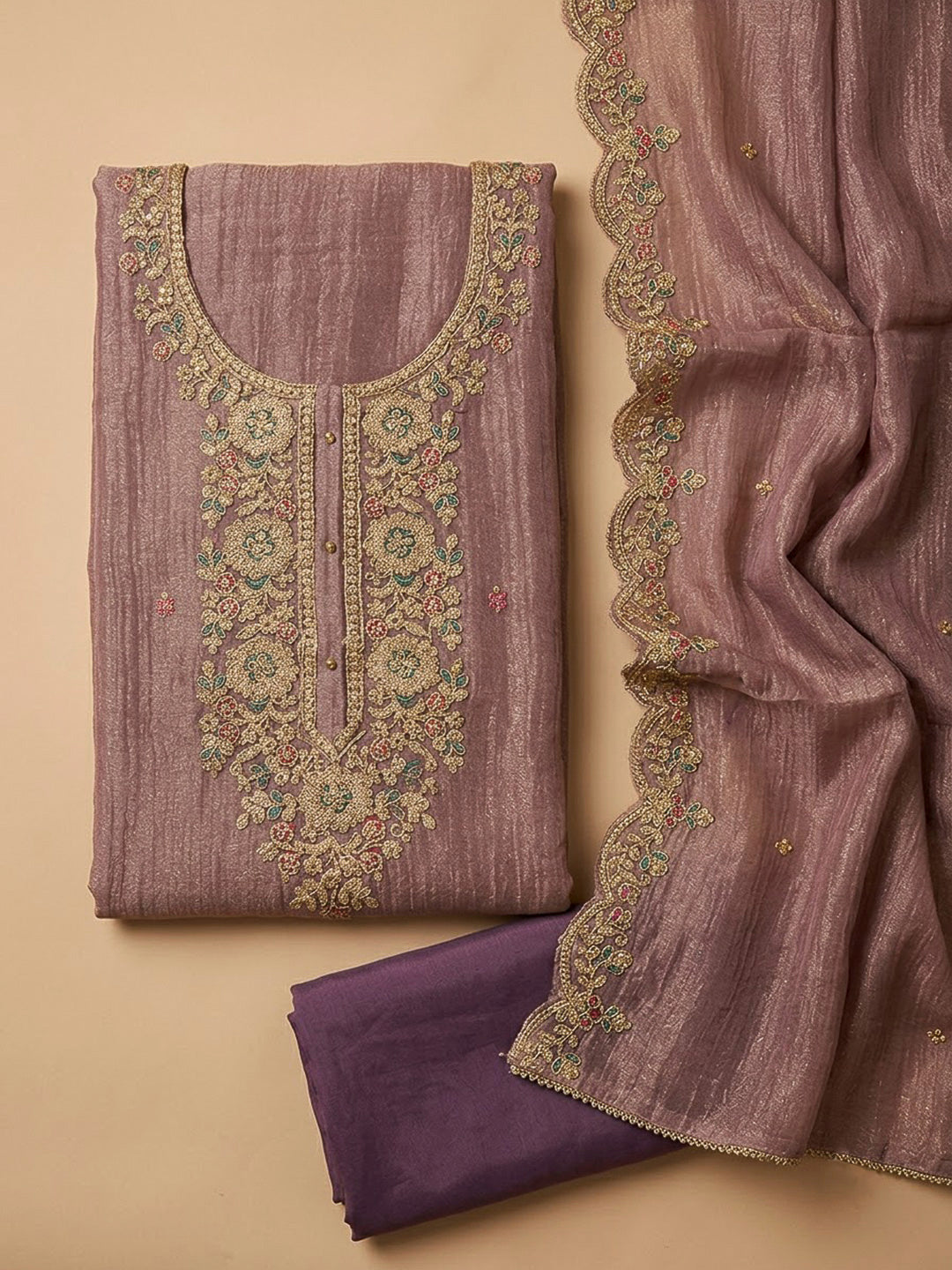 Purple Organza Embroidered Unstitched Dress Material