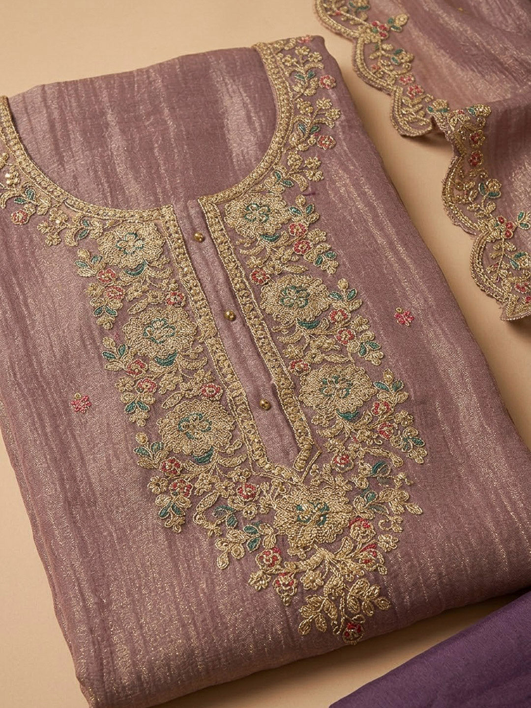 Purple Organza Embroidered Unstitched Dress Material