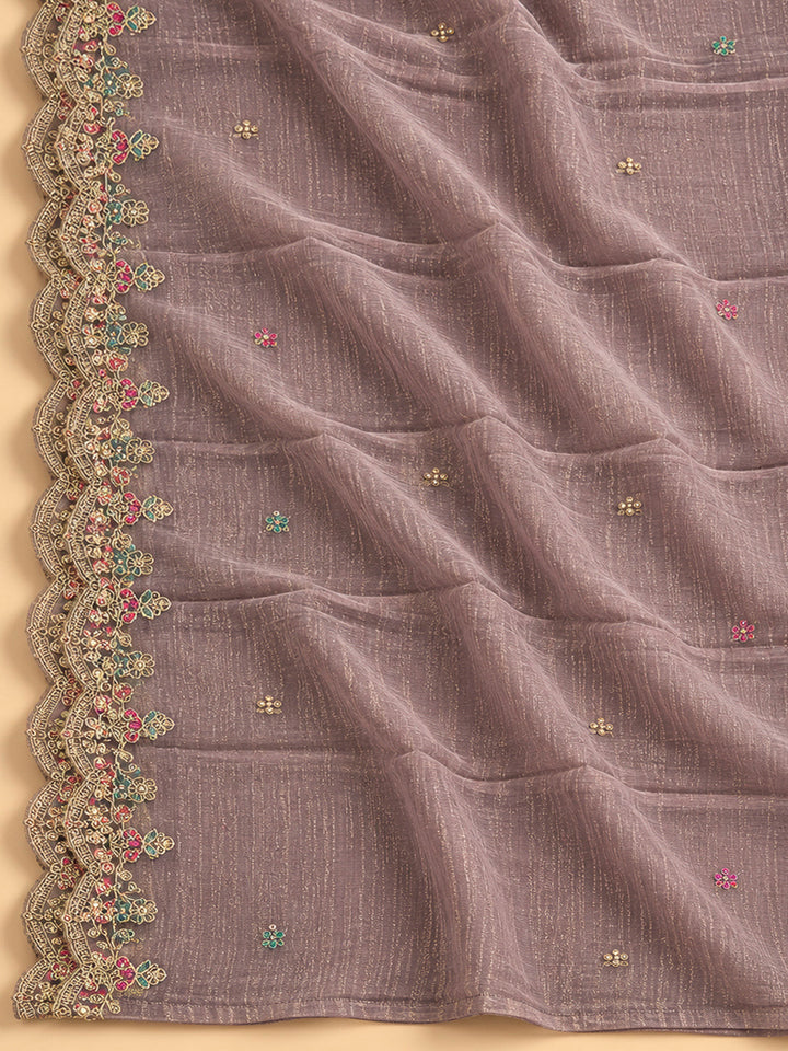 Purple Organza Embroidered Unstitched Dress Material