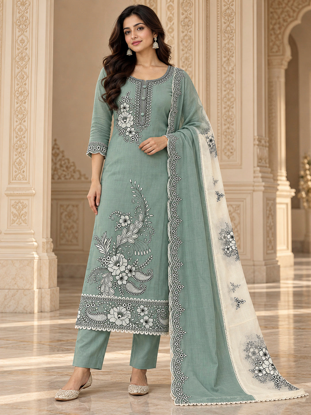 Aqua Chanderi Embroidered Unstitched Dress Material
