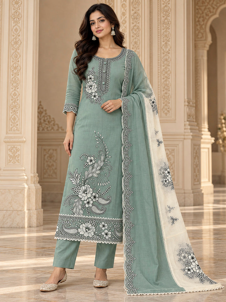 Aqua Chanderi Embroidered Unstitched Dress Material