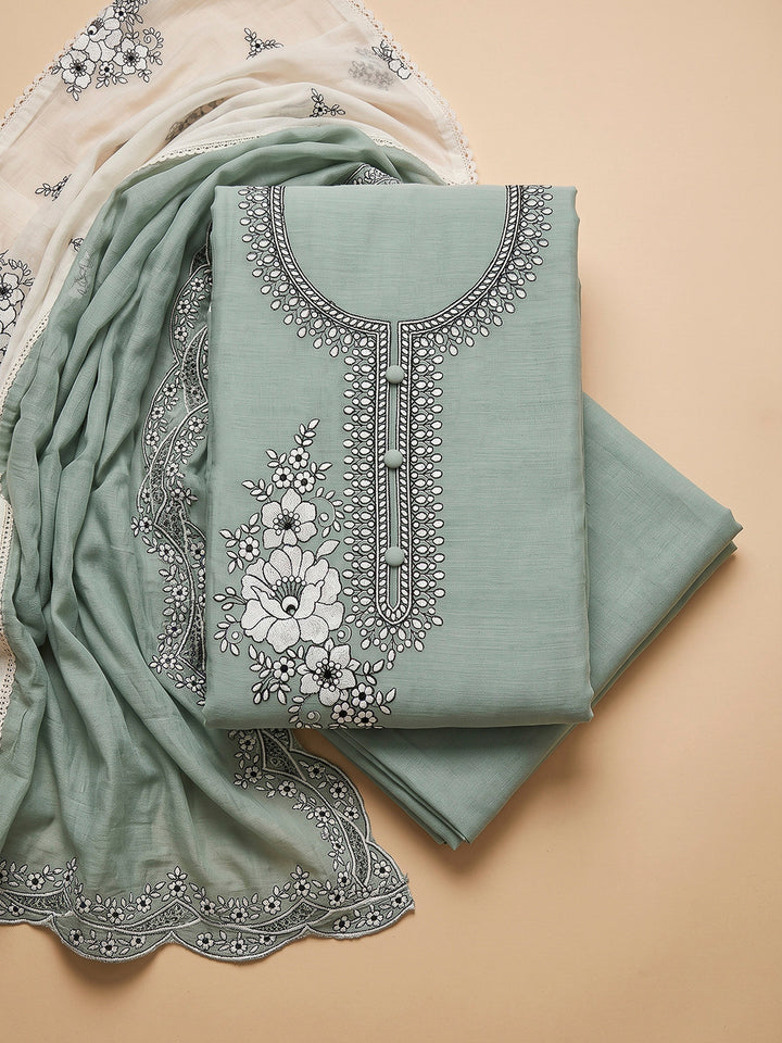 Aqua Chanderi Embroidered Unstitched Dress Material