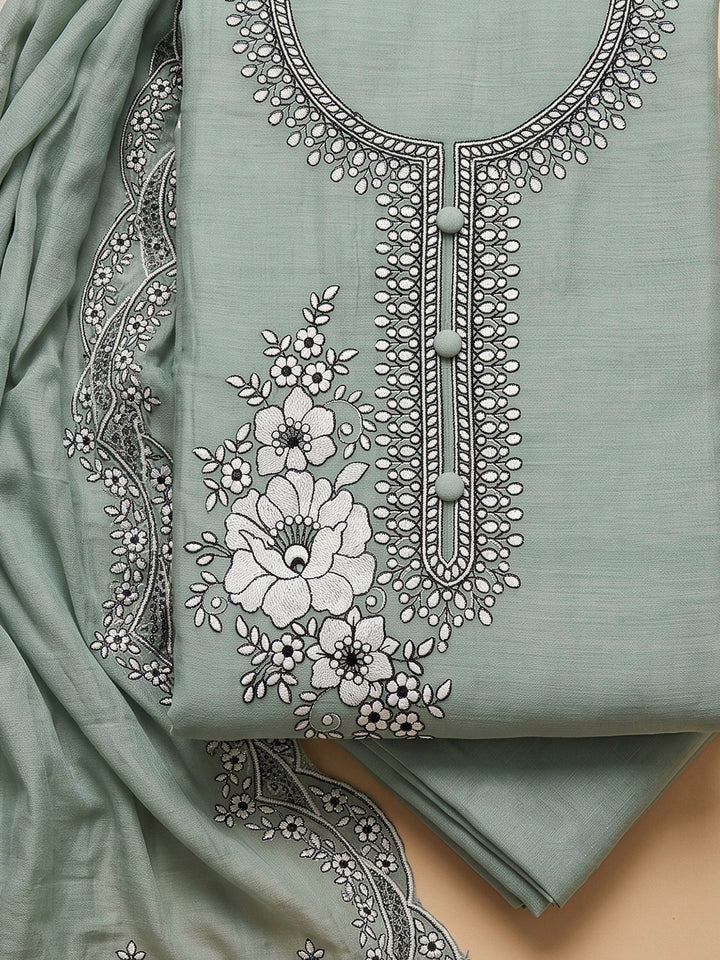 Aqua Chanderi Embroidered Unstitched Dress Material