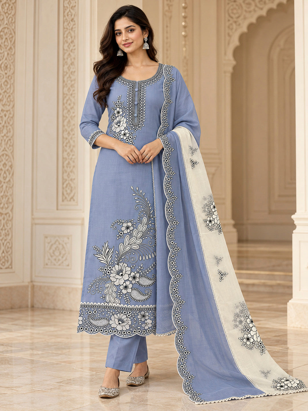 Blue Lt Chanderi Embroidered Unstitched Dress Material