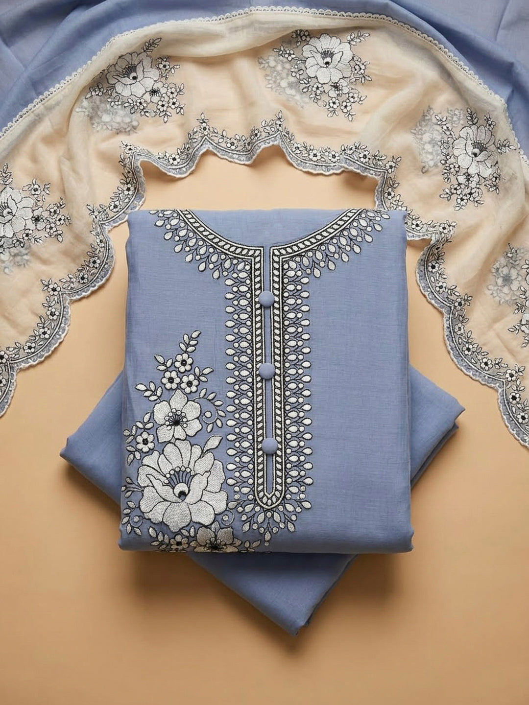 Blue Lt Chanderi Embroidered Unstitched Dress Material