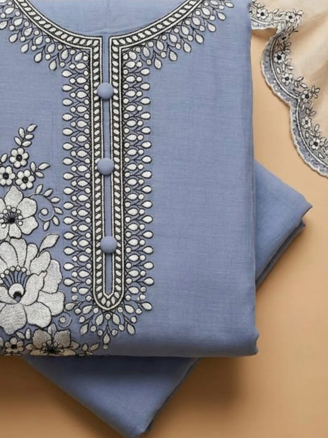 Blue Lt Chanderi Embroidered Unstitched Dress Material