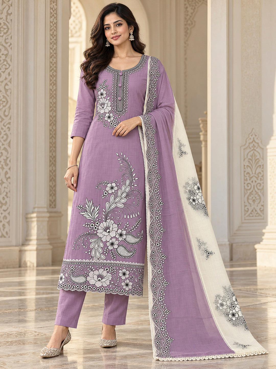 Lavender Chanderi Embroidered Unstitched Dress Material