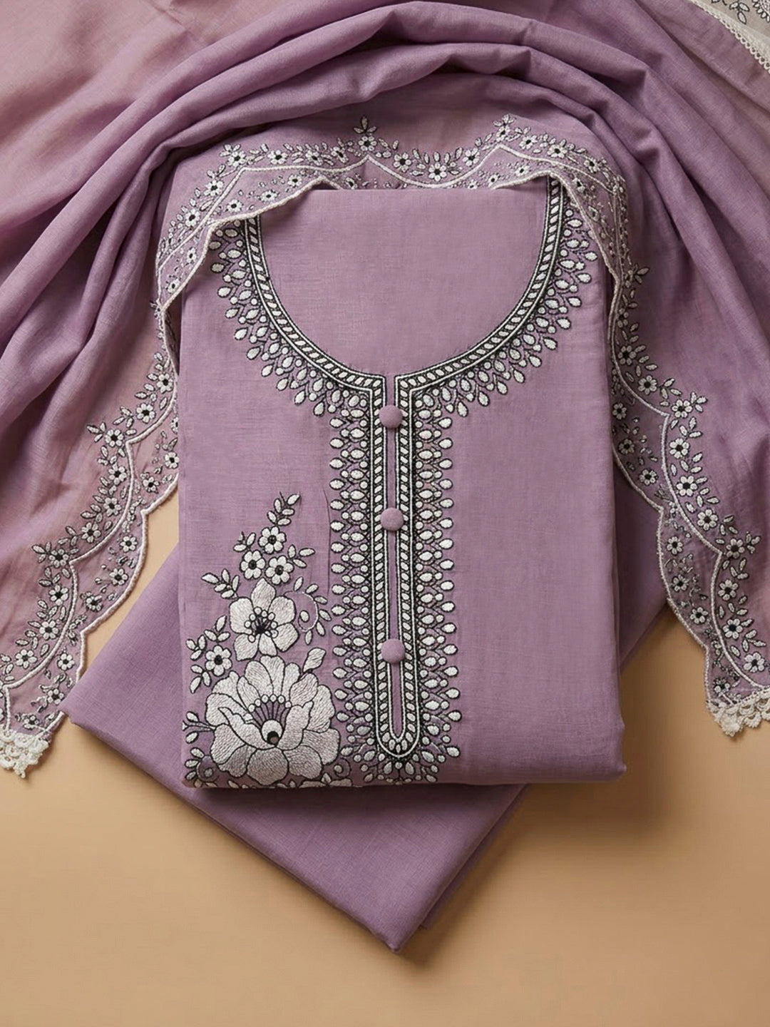 Lavender Chanderi Embroidered Unstitched Dress Material