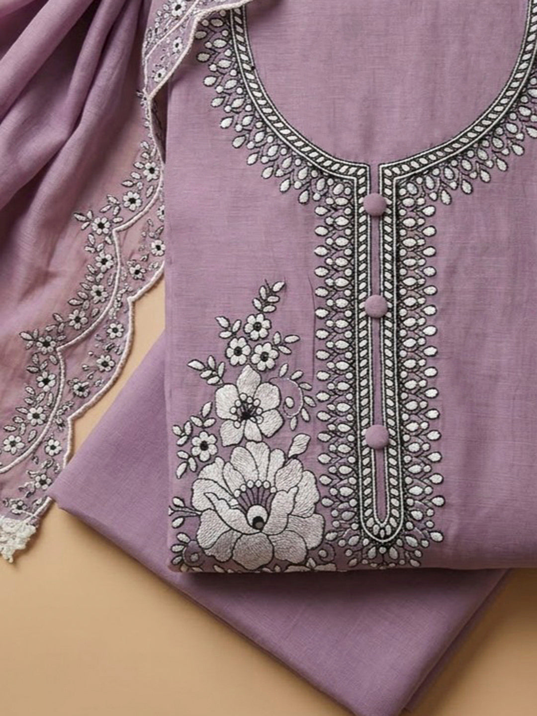 Lavender Chanderi Embroidered Unstitched Dress Material