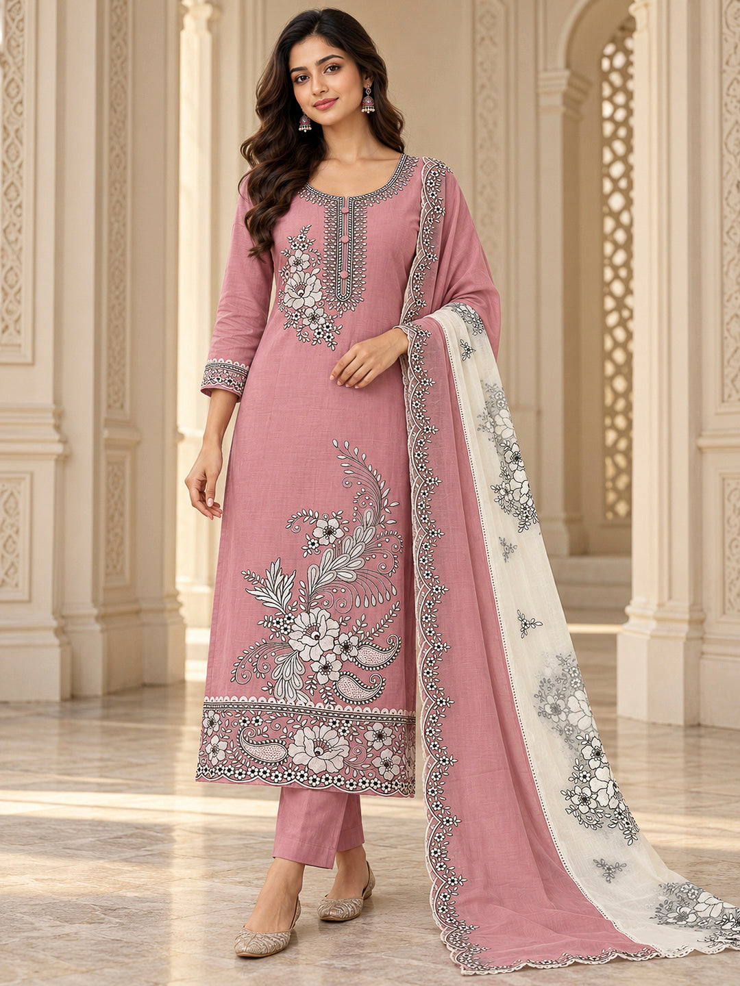 Peach Chanderi Embroidered Unstitched Dress Material